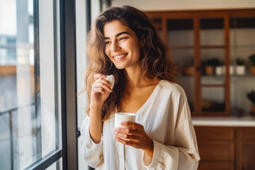 Beautiful young adult woman eating natural yogurt while standing by the window and smiling, healthy lifestyle representation - obrazy, fototapety, plakaty
