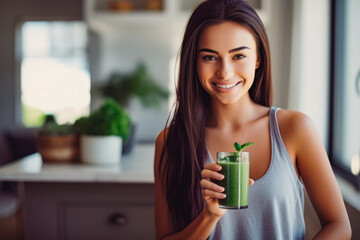 Attractive young woman drinking her detox juice after workout, beautiful athletic female drinking green juice at home
