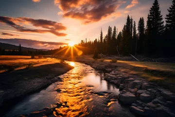 Fototapeten sunset view in yosemite national park - river with trees in the background and cloudy sky in the afternoon © wahyu