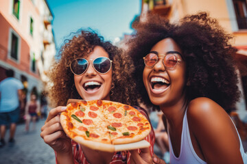 Beautiful young multiracial women eating take away pizza on street and spending quality time together on a sunny day trip