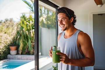 Handsome athletic hispanic man drinking his detox juice after workout, sporty male drinking green juice at home while showing his muscles - obrazy, fototapety, plakaty
