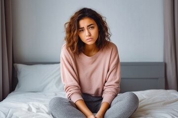 Beautiful young hispanic teenage girl sitting on bed and looking sad, being worried, punishment of not using phone for latin teenager