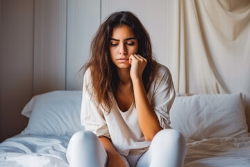 Beautiful young hispanic teenage girl sitting on bed and looking sad, being worried, punishment of not using phone for latin teenager - Powered by Adobe