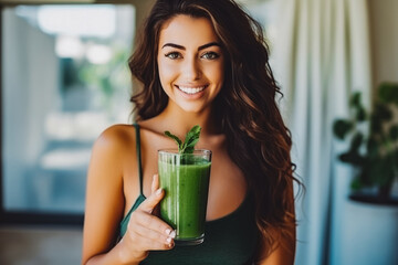 Attractive young latina woman drinking her detox juice after workout, beautiful athletic female drinking green juice at home - obrazy, fototapety, plakaty