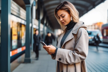Beautiful young woman paying with mobile phone app for public transportation, woman waiting at train station and looking at her phone