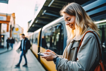 Beautiful young woman paying with mobile phone app for public transportation, woman waiting at train station and looking at her phone - obrazy, fototapety, plakaty