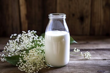 Organic dairy elegance in vintage glass on wooden table. Rustic nutrition. Creamy milk and dairy products in setting. Traditional wellness. Fresh and creamy delights on rustic background