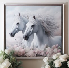 Beautiful painting of white horses framed in 3D frame hanging on the wall as wall art
