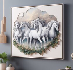 Beautiful painting of white horses framed in 3D frame hanging on wall as wall art
