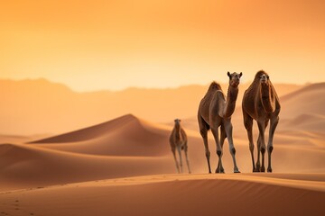 Group of dromedaries in Morocco's Sahara desert. Generative AI - obrazy, fototapety, plakaty