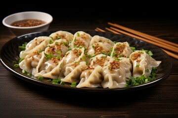 Delicious dumplings with crunchy sides and tasty seasoned pork stuffing served on a plain dish. Generative AI