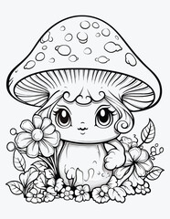 Adorable creepy kawaii mushroom coloring page for kids with vintage, Cute mushroom in a clearing among the flowers with vector illustration for coloring book.
