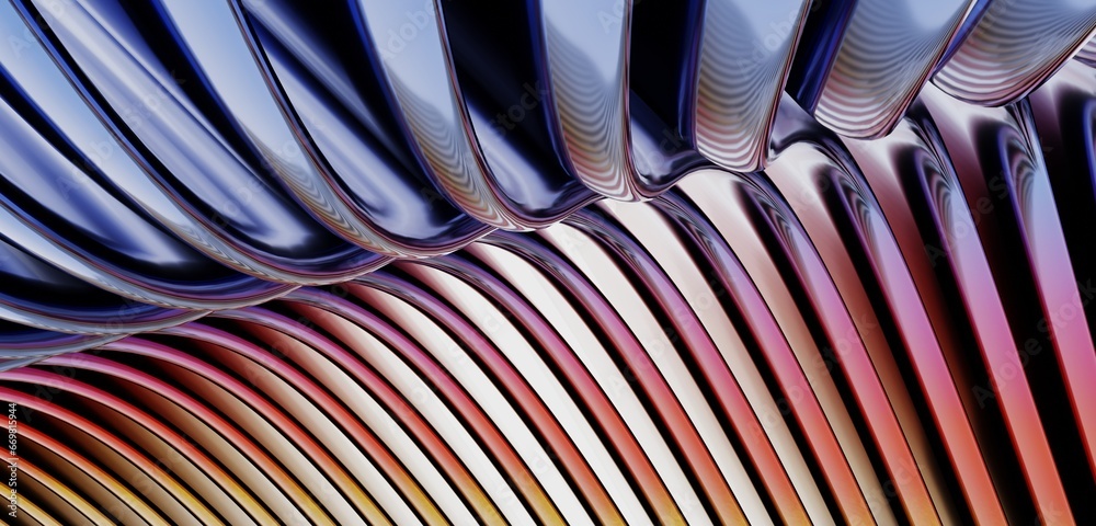 Fototapete multi colored sparkling curves ripples background parallel waves of plastic 3d illustration of a twi