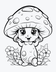 Adorable creepy kawaii mushroom coloring page for kids with vintage, Cute mushroom in a clearing among the flowers with vector illustration for coloring book.