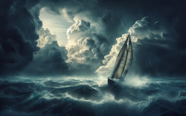 Sailboat on high waves In the scary sea Sea waves in a violent storm Ship in the ocean - obrazy, fototapety, plakaty