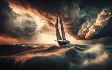 Sailboat on high waves In the scary sea Sea waves in a violent storm Ship in the ocean