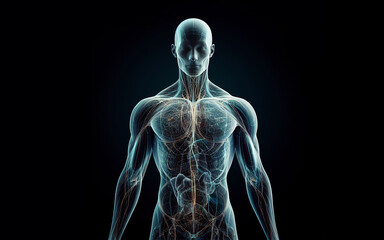 Transparent human body structure  muscles human bone structure X ray image of the upper half of the bone