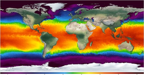 Mapa mundial, mostrando la temperatura de la superficie del mar en diferentes regiones. Los degradados de color en el mapa muestran el rango de temperaturas.