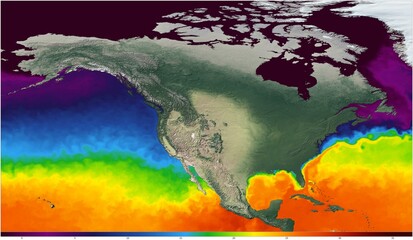 Mapa de Norte América, mostrando la temperatura de la superficie del mar en diferentes regiones. Los degradados de color en el mapa muestran el rango de temperaturas.