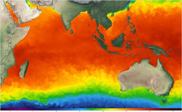 Mapa del Oceano Indico y Oceania, mostrando la temperatura de la superficie del mar en diferentes regiones. Los degradados de color en el mapa muestran el rango de temperaturas.