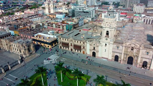 Lima Peru downtown square 360 aerial view with the cathedral, president office, government, restaurants tourism South America politics