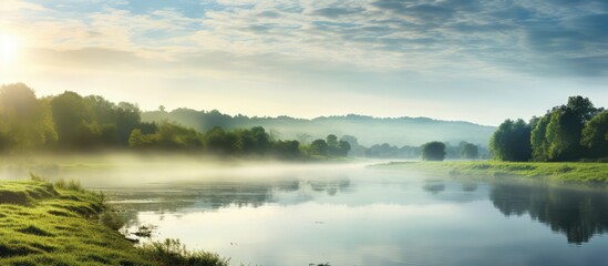 Beautiful misty morning on a scenic riverbank at dawn