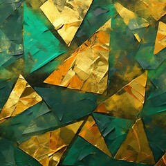 立体的な油絵抽象正方形背景バナー）金色と深緑の三角を使ったデザイン