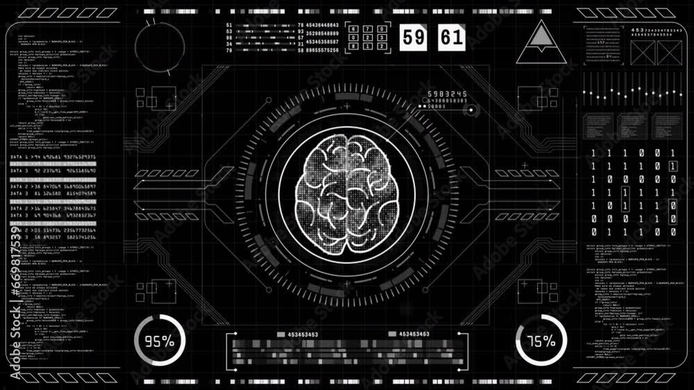 Poster hud futuristic user interface of artificial intelligence concept with brain icon, deep learning comp
