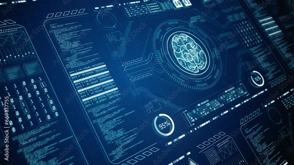 Poster deep learning modern computer technology, hud futuristic user interface of artificial intelligence c