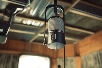 Microphone hanging from the ceiling for capturing songs or audio. Generative AI