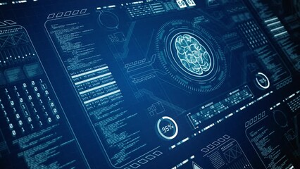 Deep learning modern computer technology, HUD futuristic user interface of artificial intelligence concept with brain Icon, Futuristic cyber technology innovation, Technology digital background - Powered by Adobe