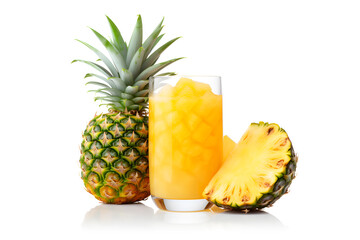 Glass of pineapple juice with fresh ripe pineapple and sliced isolated on white background, food health care concept