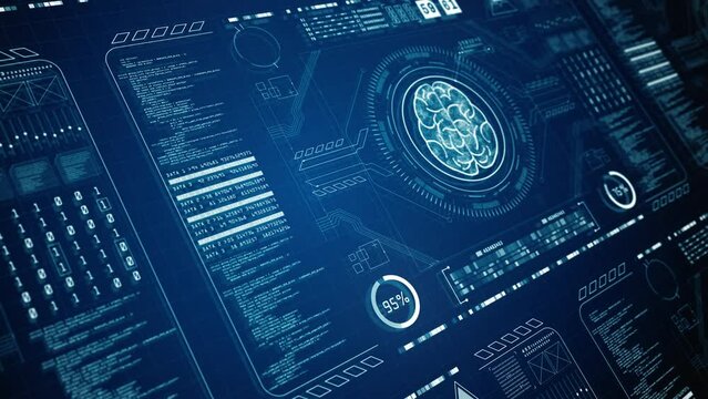 Deep learning modern computer technology, HUD futuristic user interface of artificial intelligence concept with brain Icon, Futuristic cyber technology innovation, Technology digital background
