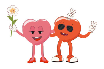 Retro poster with funny characters.I love you.Trendy 70s cartoon style.
