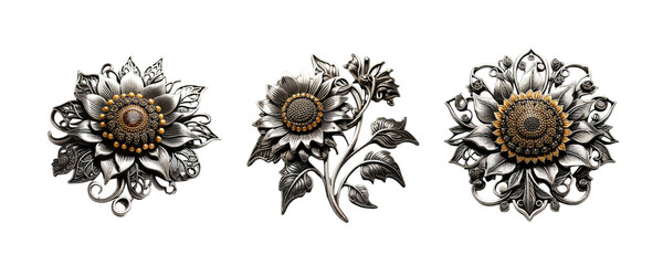 3 Old fashioned sunflower brooch made of silver with intricate design set against a transparent background - obrazy, fototapety, plakaty