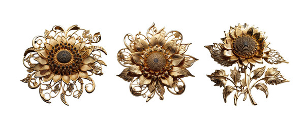 3 Old fashioned sunflower brooch made of gold with intricate design set against a transparent background - obrazy, fototapety, plakaty