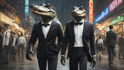 two alligator in suits walking down a street - obrazy, fototapety, plakaty