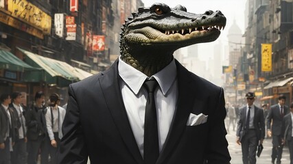 a alligator in a city street with people walking - obrazy, fototapety, plakaty