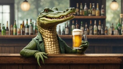 a crocodile holding a mug of beer in a bar - obrazy, fototapety, plakaty