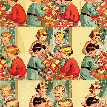 Vintage Illustration Of A Christmas Scene, With Children Opening Present, Vintage Postcards, In The Style Of The 1940s To 1950s