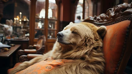 Schilderijen op glas Portrait of a sleeping bear on a sofa in a vintage interior © Yerjung