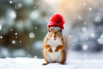 Cute Christmas funny squirrel in Santa red hat