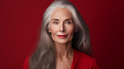 Fototapeta premium Elegant, smiling, elderly, chic, woman with gray long hair and perfect skin, on a red background, banner.