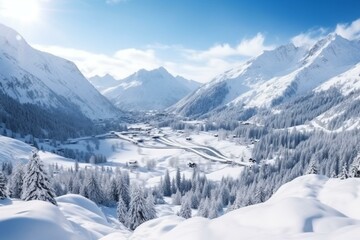 Panoramic mountains near Briançon, Serre Chevalier resort in France. Ski resort landscape on clear sunny day. Snowy mountains, winter vacation panorama. Generative AI - obrazy, fototapety, plakaty