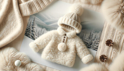 Fototapeta na wymiar Winter-Themed Tranquil Flatlay with Fuzzy Attire