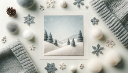 Tranquil Winter Flatlay with Soft Felt Elements - obrazy, fototapety, plakaty