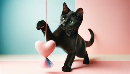 Pastel Playtime: Black Cat with Heart Toy on Pastel Background