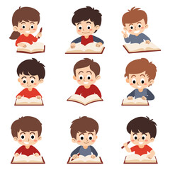 Collection of happy kids, boy, and girl relaxing and enjoying reading a book to study and gain knowledge. Vector illustration isolated on white background.