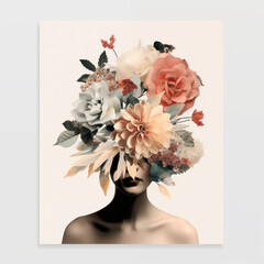 Vintage collage image of a woman with flowers on her head, postcard, creative art. Generated by AI