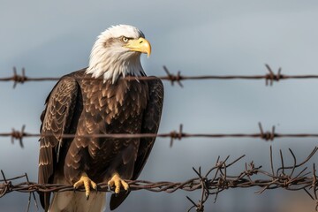 Bald eagle perched near a secure boundary. Generative AI